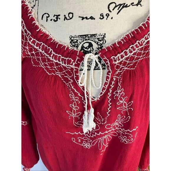 Brand New Magazine Boutique Women's Size Large Red Boho Blouse Embroidered - Picture 2 of 10